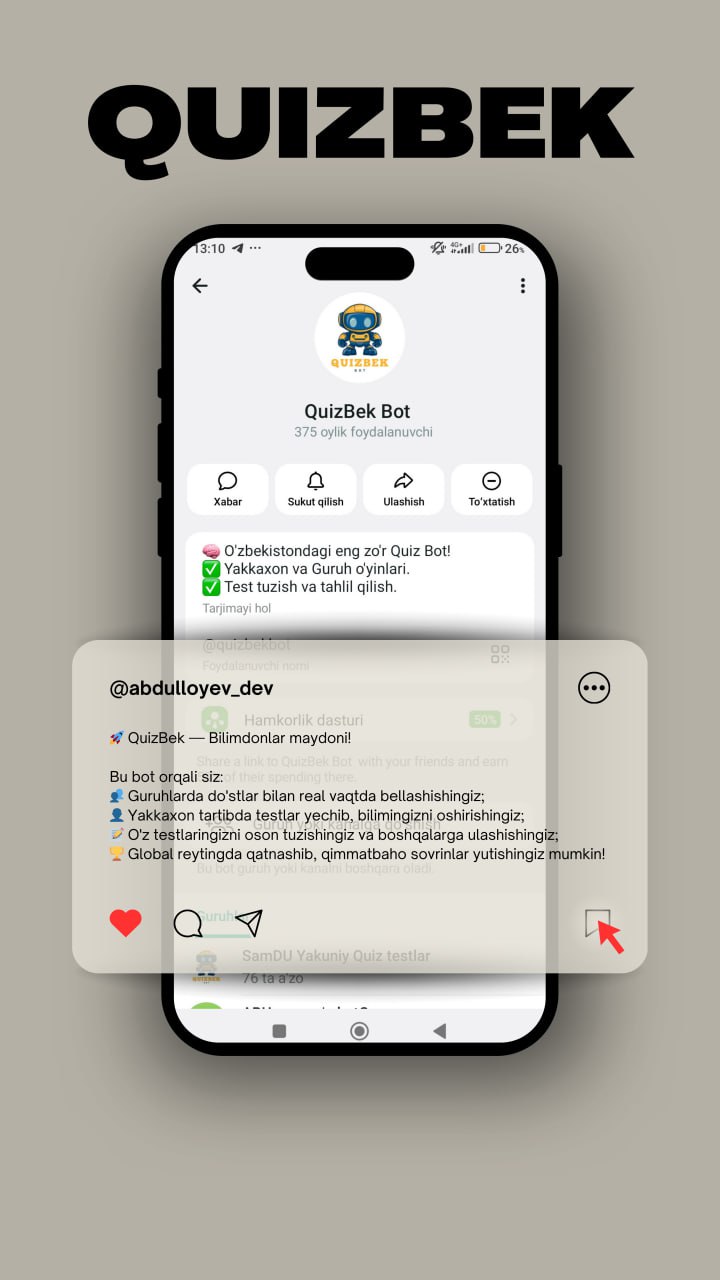 "QuizBek" innovatsion Telegram boti